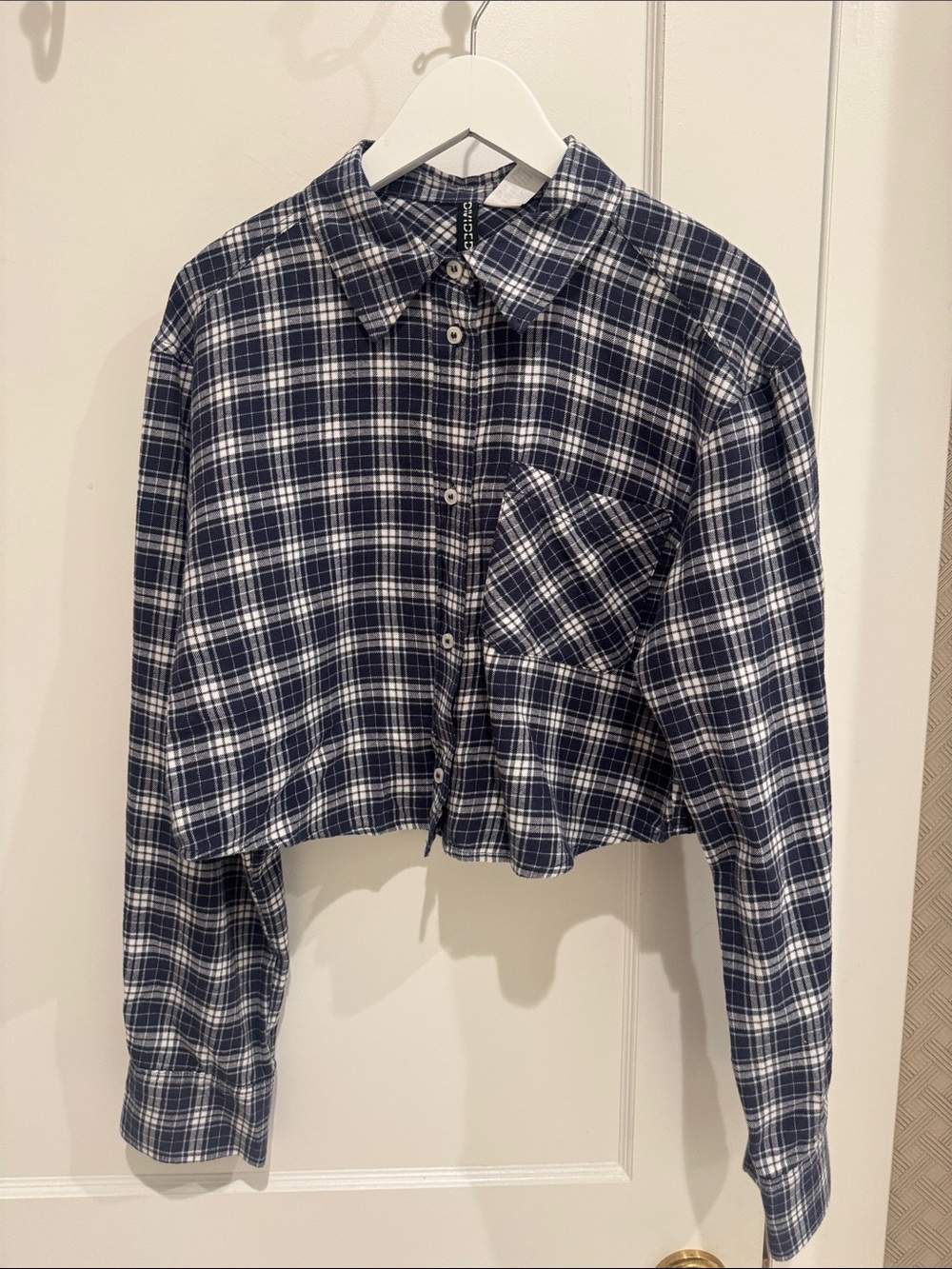 H&M Divided Navy White Plaid Cropped Flannel Shirt XXS 100% Cotton